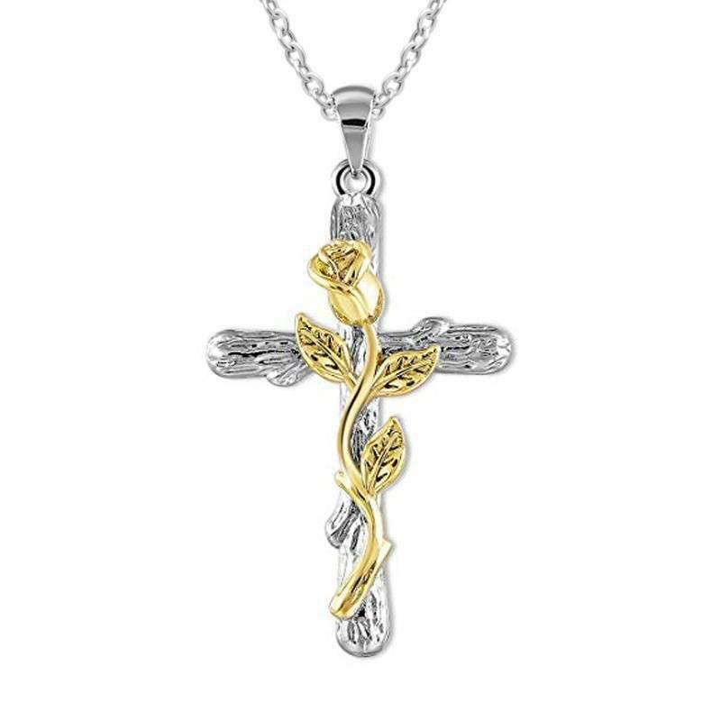 Rose Blume Kreuz Anhänger Kette Halskette Schmuck Geschenk für Frauen Schmuck Geschenk gelb
