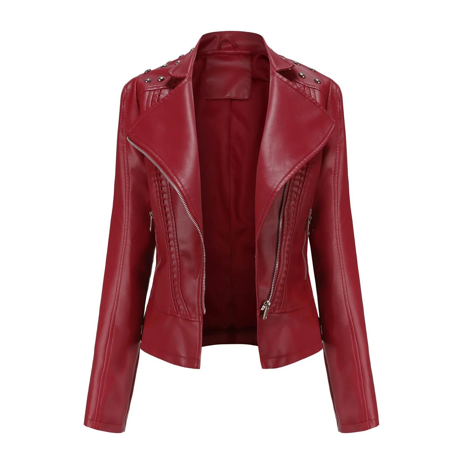 Damen Kunstleder Mantel Dünne PU Mäntel Umlegekragen Langarm Sexy Jacken Reißverschluss Lässig Spleiß Kurzjacke Slim Fit XL wein rot