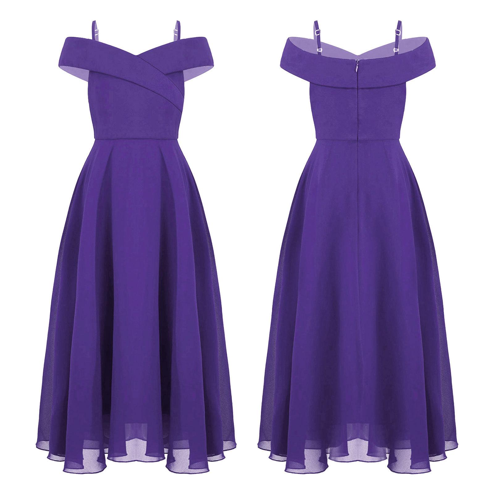Kinder Mädchen Elegantes Chiffon Schulterfreies Brautjungfernkleid Hochzeitskleid Geburtstagsfeier A Linie Abendkleid 9-10 Years violett