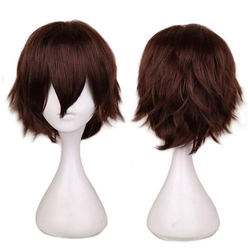 30 cm kurze, glatte Cosplay-Perücke, Anime, Tilt-Up-kompatibel, universell, allmächtig, hitzebeständig, Kunsthaarperücken + Perückenkappe dunkelbraune