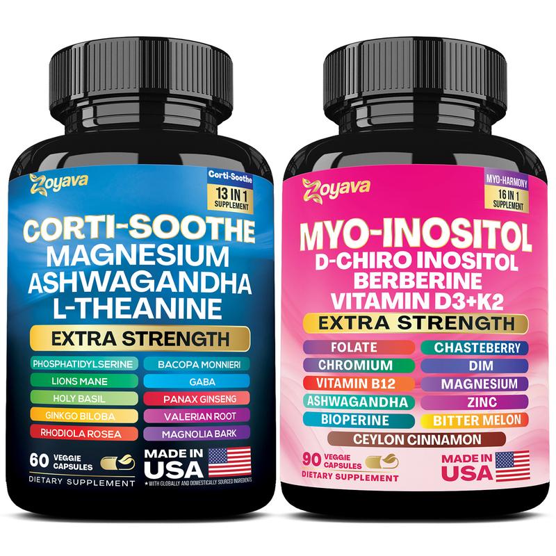 Zoyava Cortisol und Myo-Inositol All-in-One Nahrungsergänzungsmittel - Multivitamin-Kombination mit Inhaltsstoffen in Extra-Stärke für Fitness & Gesundheitspflege 2 bottle