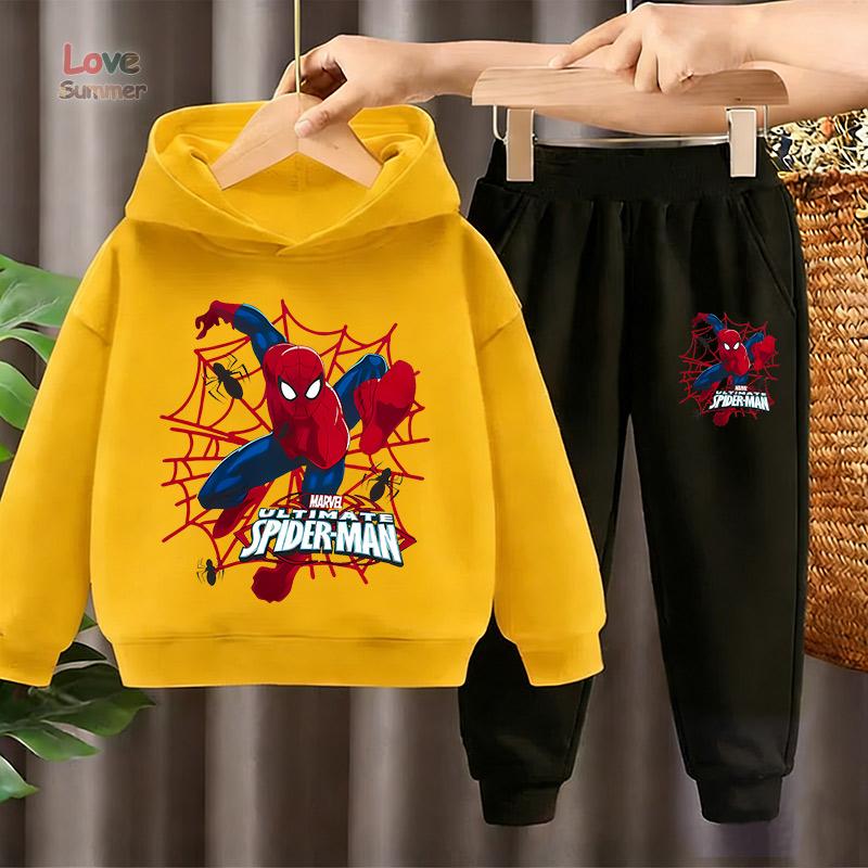 Marvel Kinder HoodieS+Hose 2-teilige Sets Spider Man Kapuzen-Hosen-Set Kinder Cosplay Anime Pullover Sweatshirt Kinderkleidung 4-14J 120 orange