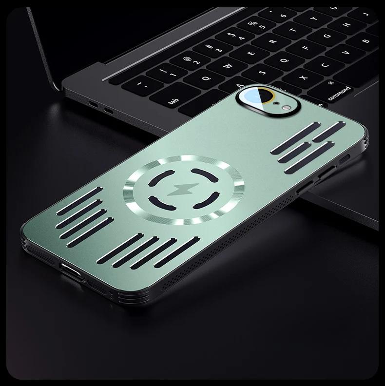 Hülle für iPhone 16e Metall Wärmeableitung Stoßfest Magnetische Hülle für iPhone 16 E 15 14 Plus 13 12 Pro Max Magsafe Aluminiumlegierung Hartschale iPhone 13 grün