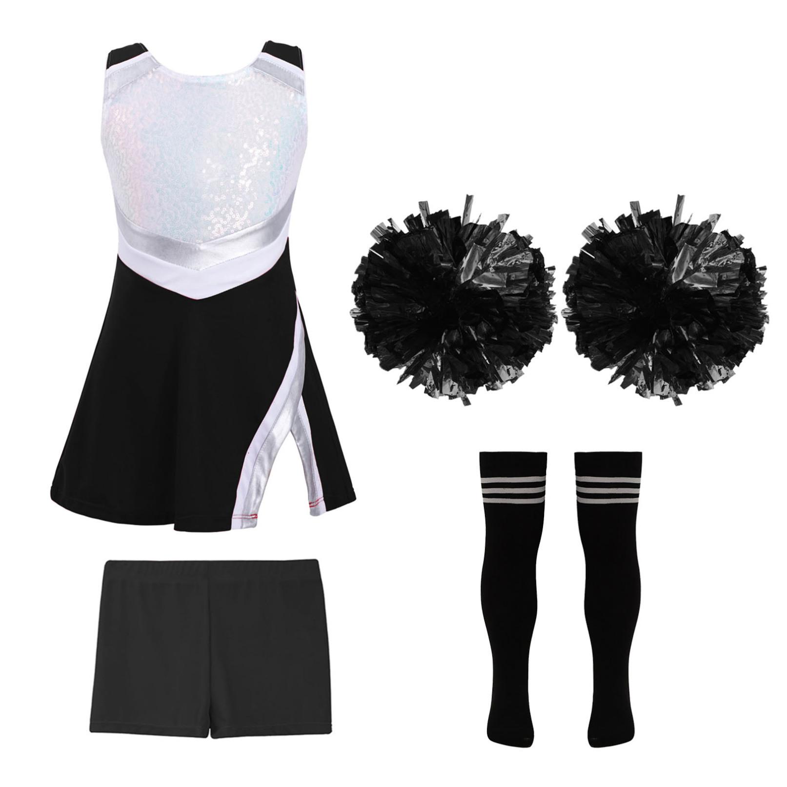 Glänzendes Cheerleading-Kostüm für Kinder, Mädchen, Schulmädchen-Tanzkleid, Uniform, komplettes Outfit mit Pompons für die Halloween-Party 3-4 Years schwarz