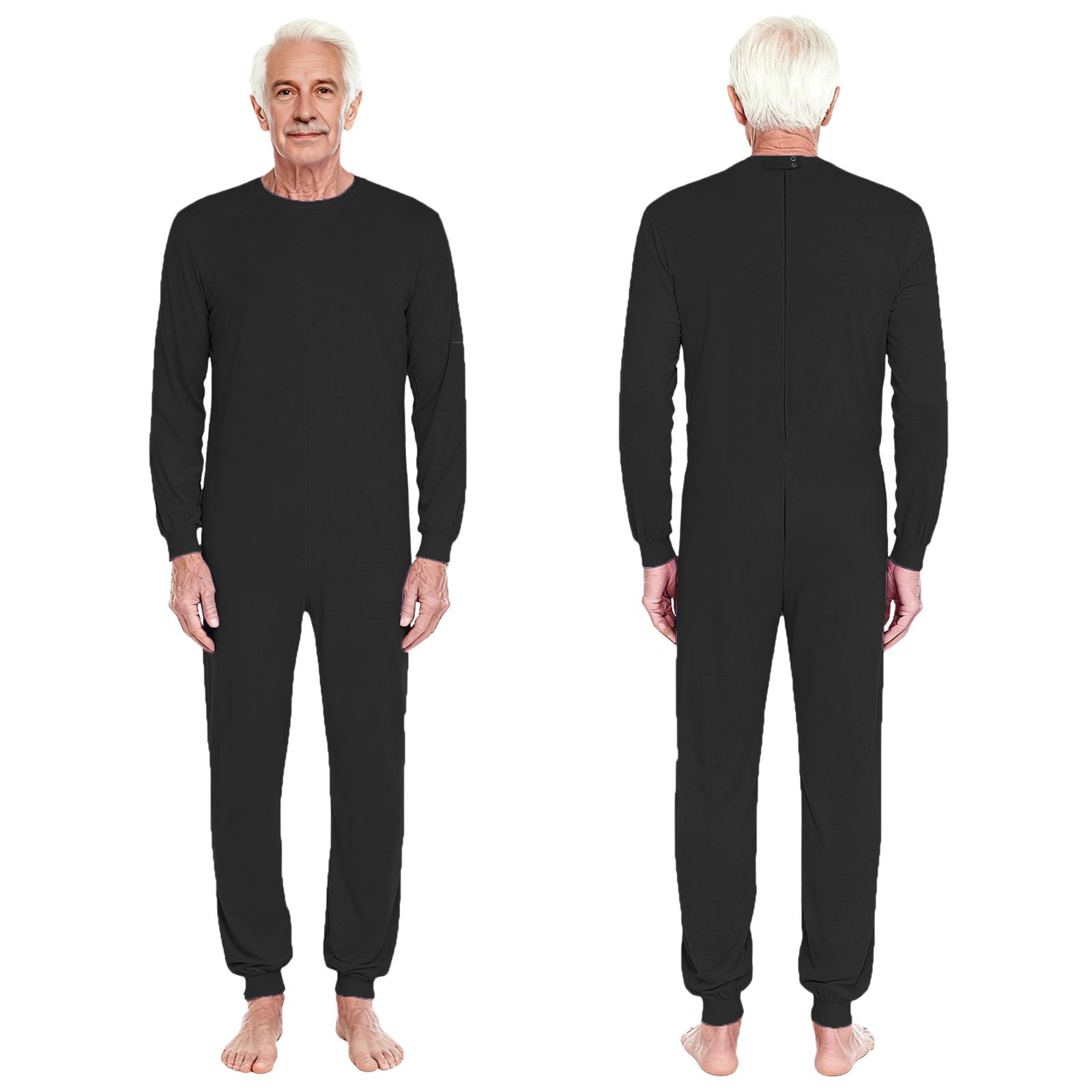Unisex Anti-Strip Adaptiver Jumpsuit für Ältere Rundhalsausschnitt Langarm Reißverschluss hinten Lange Hosen Einteiler Strampler M schwarz