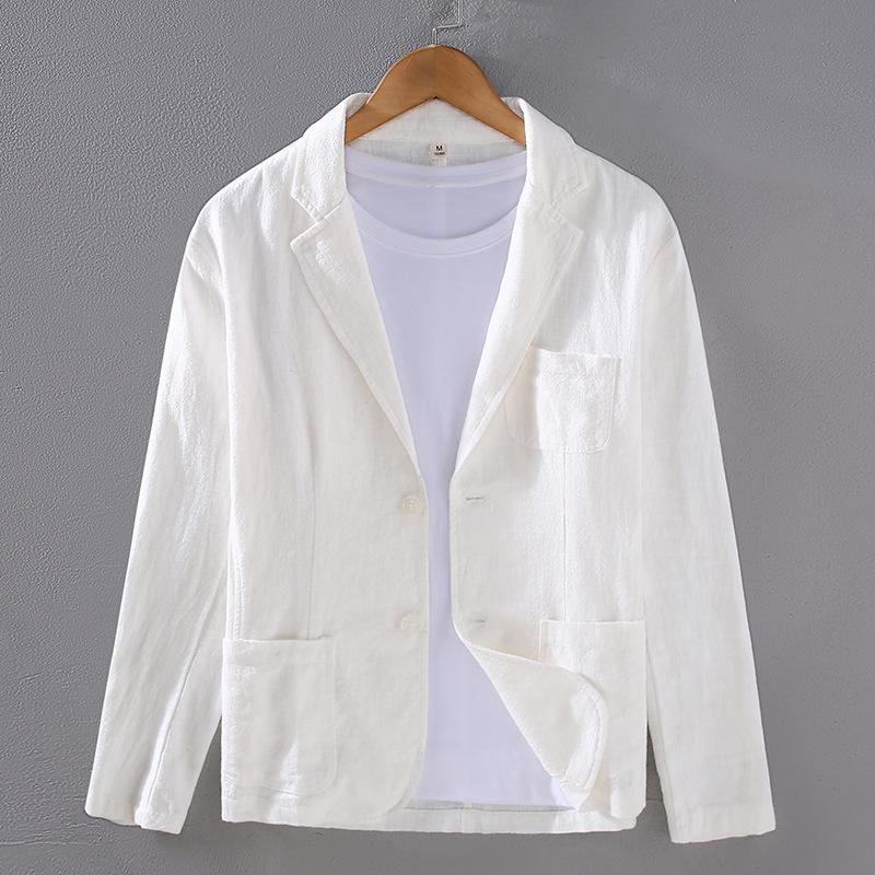 Retro Baumwolle Leinen Männer Blazer Mantel Strand Hochzeit Party Anzug Frühling Sommer Mode Männlichen Formalen Business Slim Anzug Jacke M weiß
