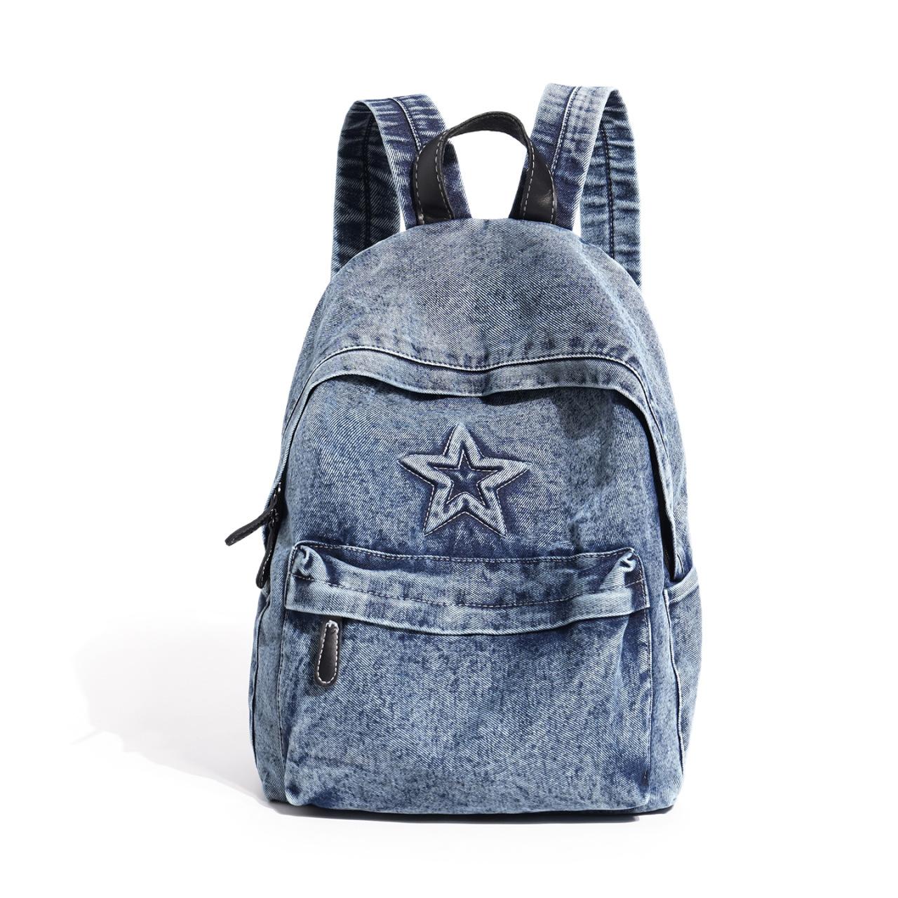 Schulrucksack neue Ins trendige Marke Pentagramm-Rucksack Damen Retro gewaschener Denim-Stoff Rucksack Damen große Kapazität Studenten-Schulrucksack (Dark blue,30*15*40cm) dunkelblaue