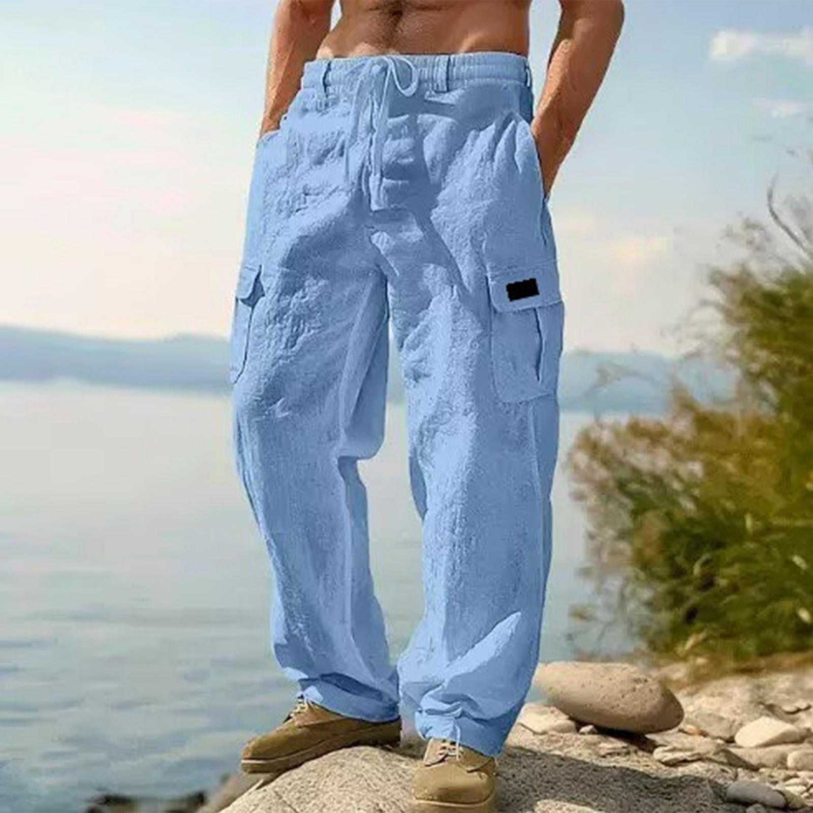Herren Lockere Passform Leinen Baumwolle Cargohosen Leicht Atmungsaktiv Mehrere Taschen Utility Hosen Lässig Weiter Bein Arbeitskleidung Hosen XL hellblaue
