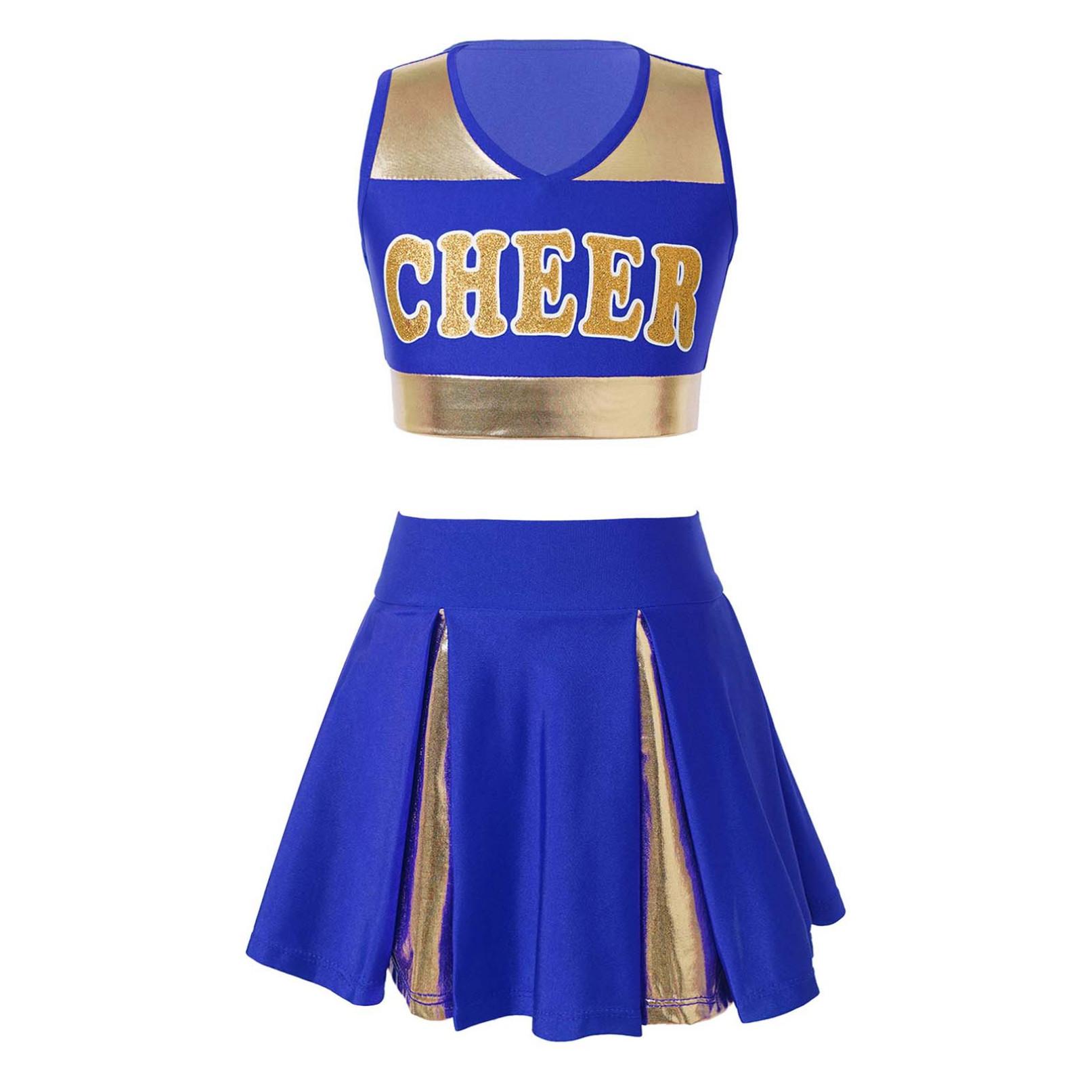 Kinder Mädchen Cheerleading Tanzkleidung Set Ärmelloses Crop Top mit Buchstabenaufdruck und Rock Cheer Uniform 13-14 Years blau