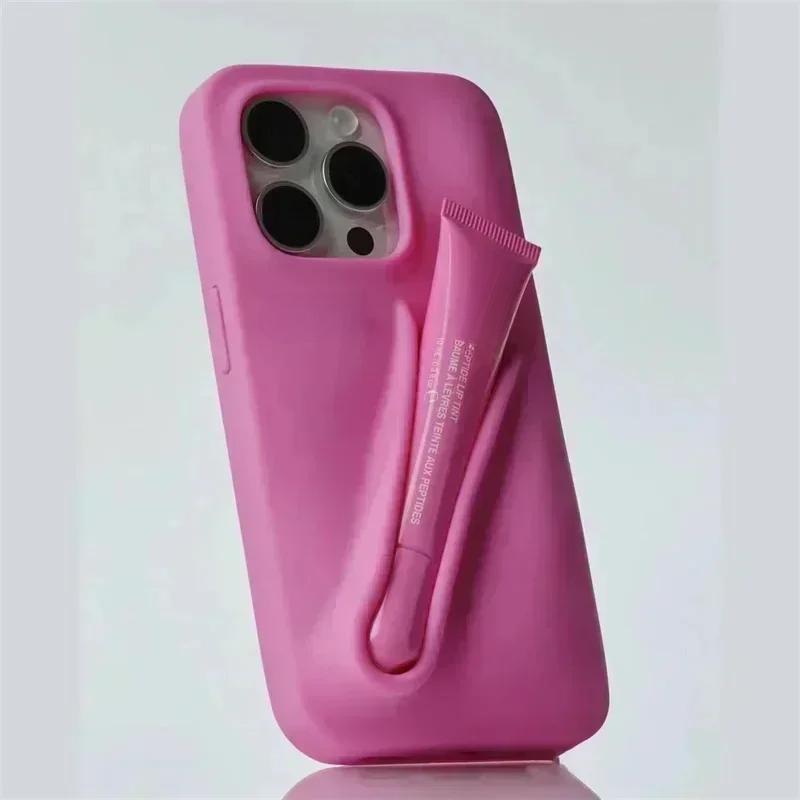 Herbst Neue Rho DIY Lippenstift Lippenstift Silikon Abdeckung für IPhone 16 15 14 13 12 11 Pro Max Plus Telefon halter Schutzhülle For iPhone 13&No Lipstick hellrosa