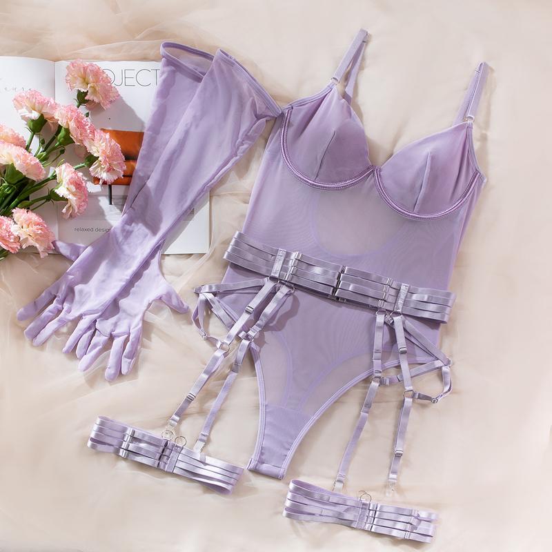 CINOON Sexy Frauen Korsett Elastizität Versuchung Body Spitze Mesh Unterwäsche Abnehmen Atmungsaktiv Mit Handschuh 3 Stück Dessous S violett