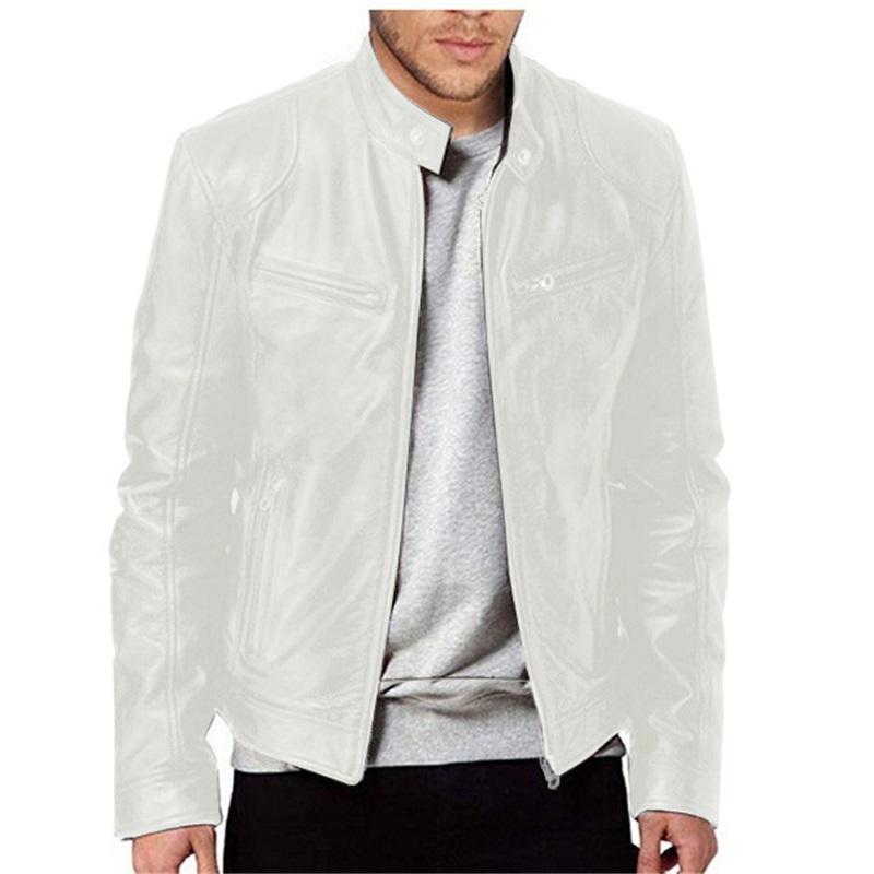 Herren Lederjacke Herren Jugend Stehkragen Punk Herren Biker Lederjacke mit Logo M weiß