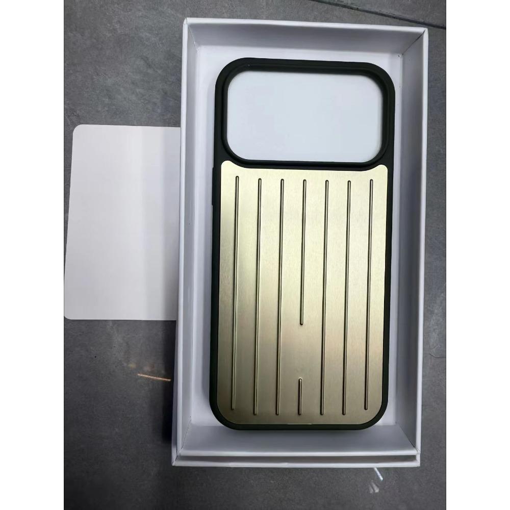 Einfache einfarbige Metallrückplatte Minimalistischer Rand Robuste Rückenschutzabdeckung für Rimowa Gepäck Handyhülle für IPhone 17 Pro Max 16 15 14 13 mit Geschenkbox iPhone 14 Pro gold
