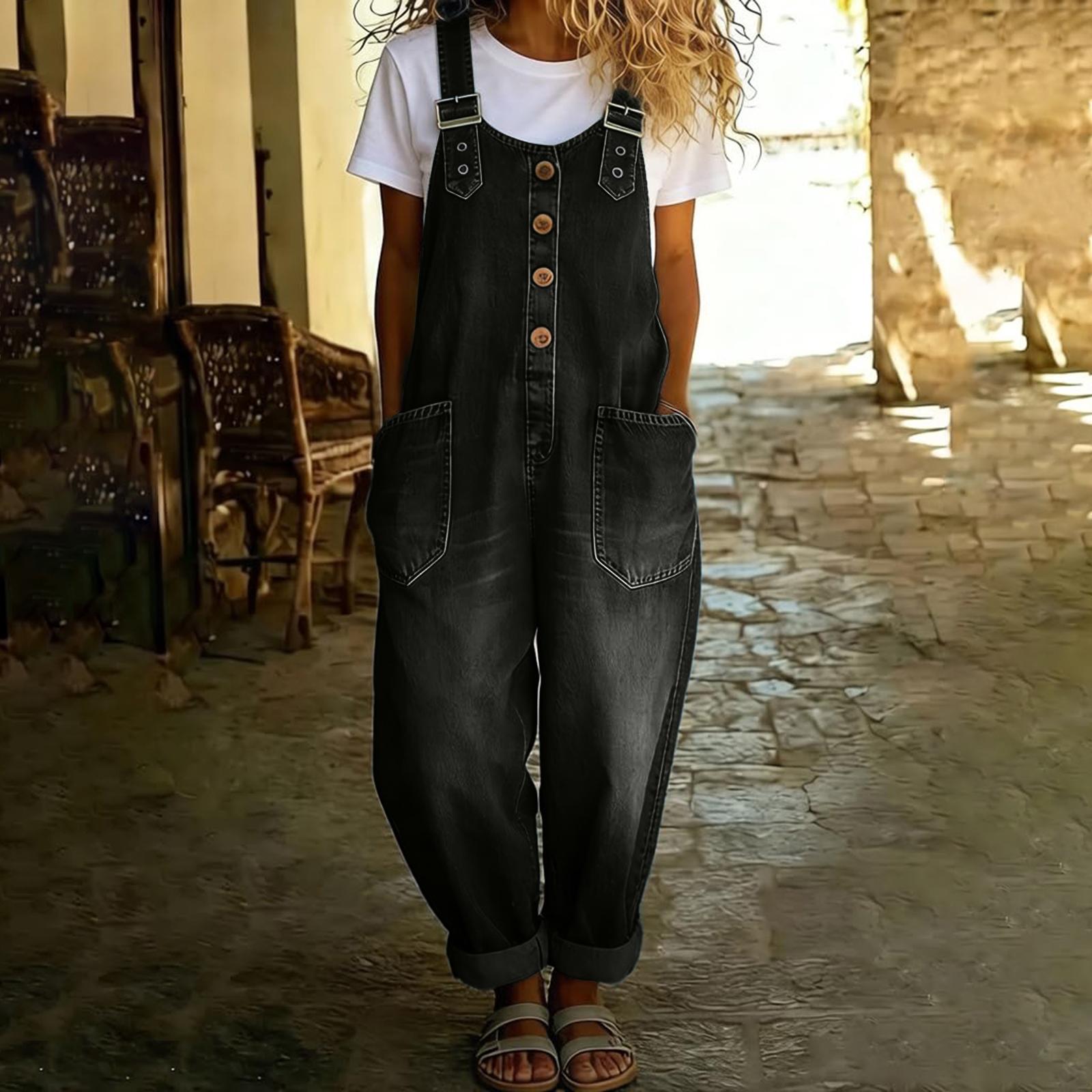 Damen Lässige Jeans Latzhose Verstellbarer Träger Jumpsuit mit Knopfleiste vorne und großen Taschen Freizeit Ärmellose Latzhose M schwarz
