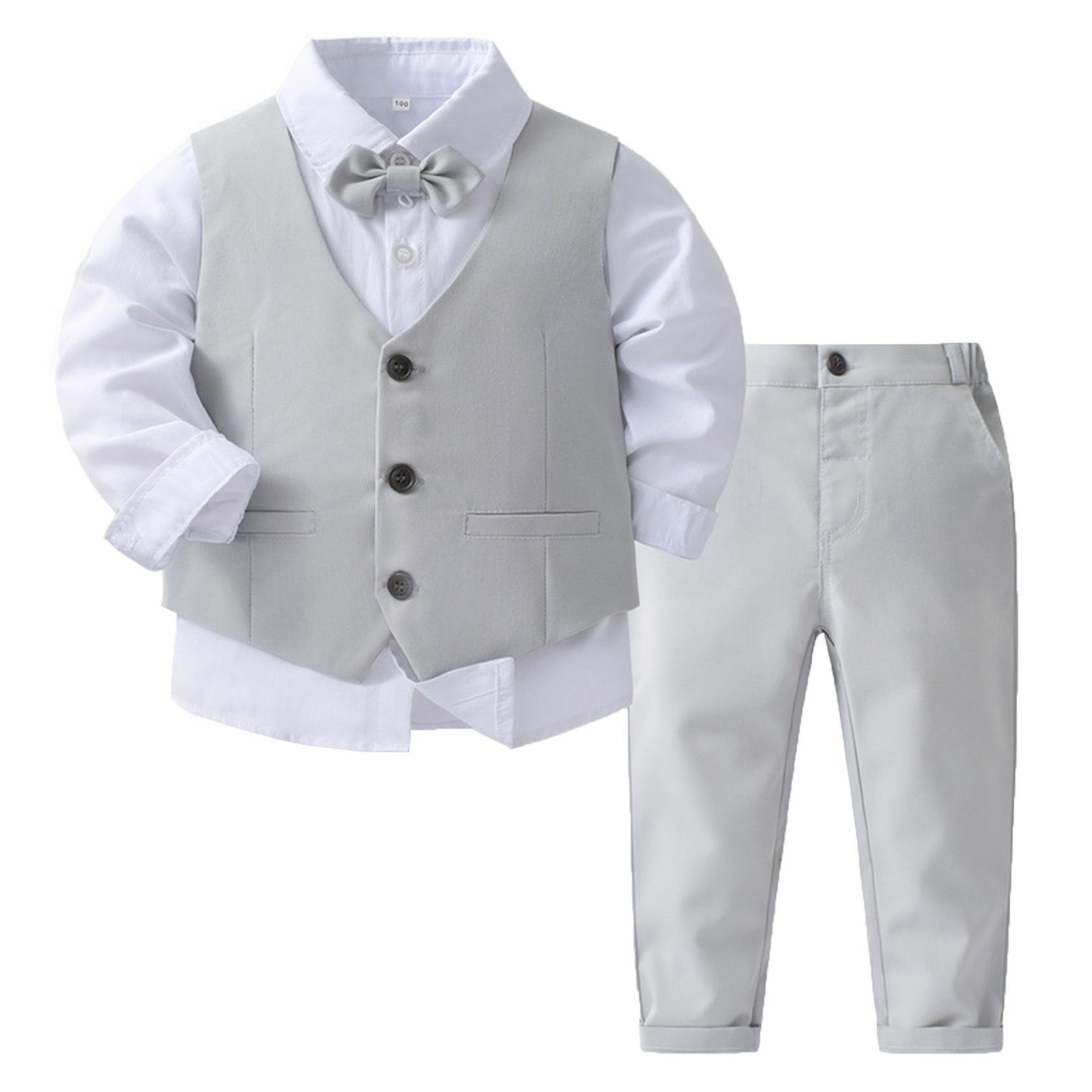 Baby-Jungen-Kleidungssets, Baumwollhemd, Weste und Hose, Smoking-Herrenanzug, festliche Party, Hochzeit, Taufe 9-12 Months grau