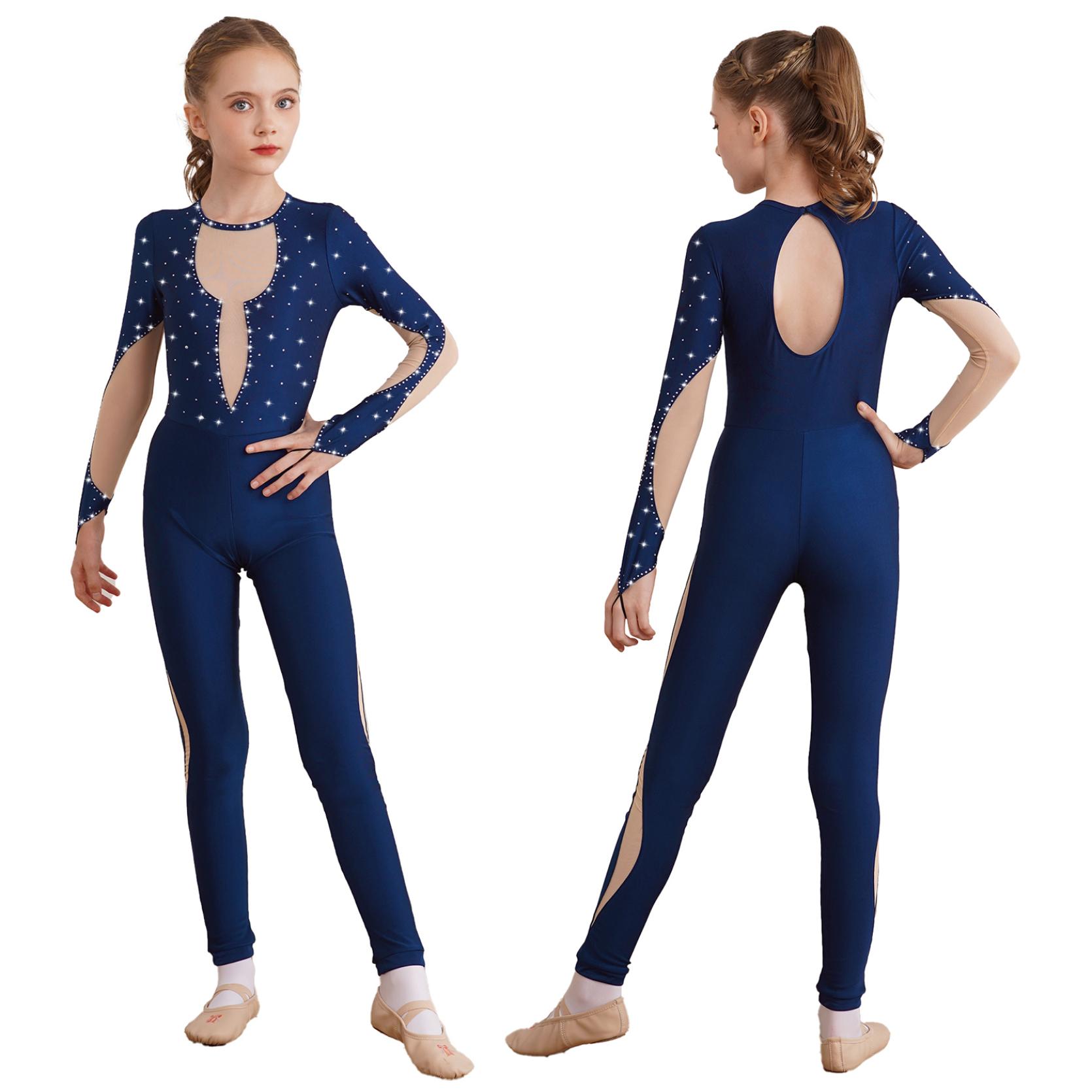 Kinder Mädchen Glänzender Gymnastik-Ganzanzug-Body mit langen Ärmeln und Schlüsselloch-Mesh-Patchwork-Schlitten-Overall am Rücken 15-16 Years navy blau