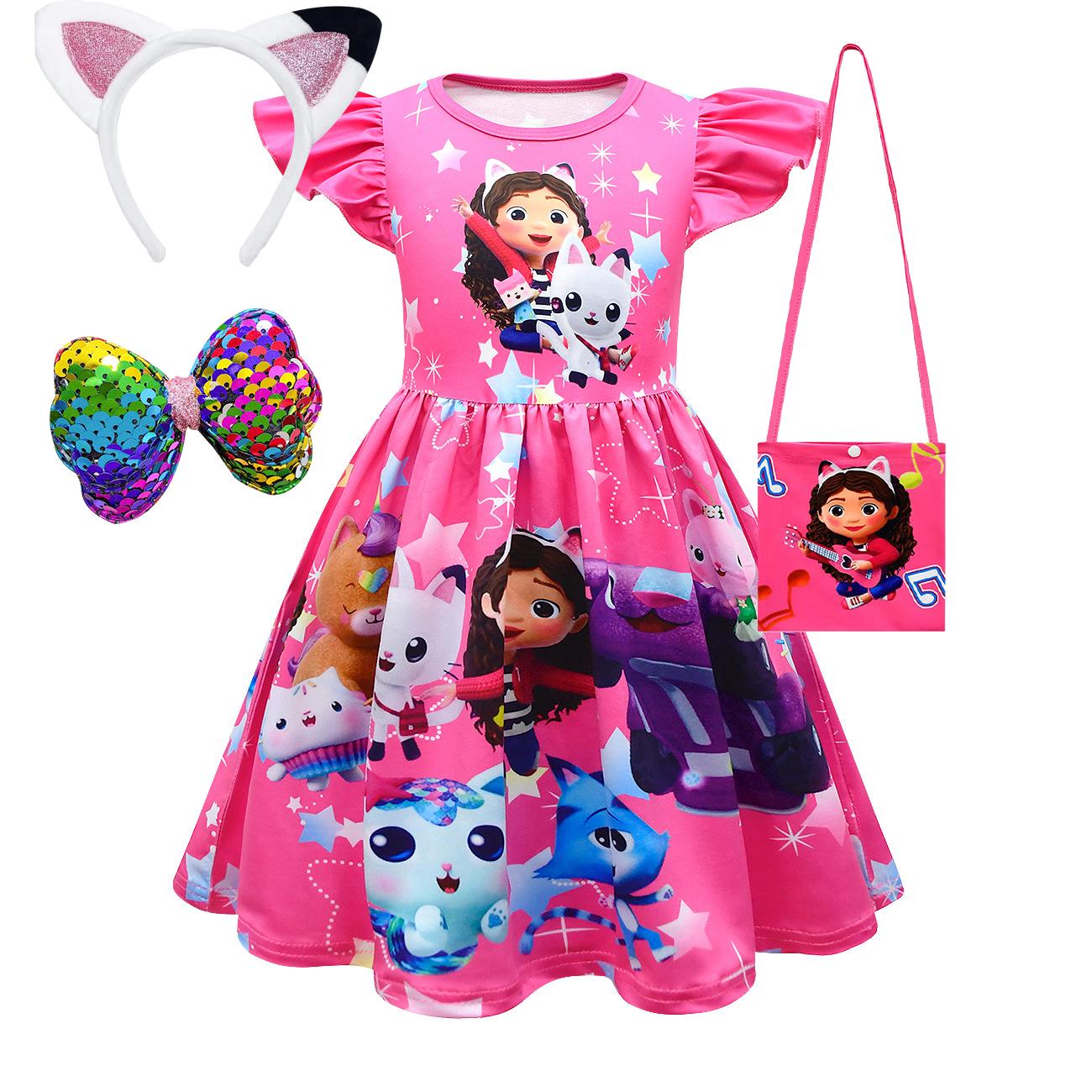 Mädchen Kleid Kurzarm Gabby's Puppenhaus Prinzessin Gabby Katze Netz Tüllrock Kindergeburtstag Cosplay Kleid Kostüm 150(11-12Years) pink
