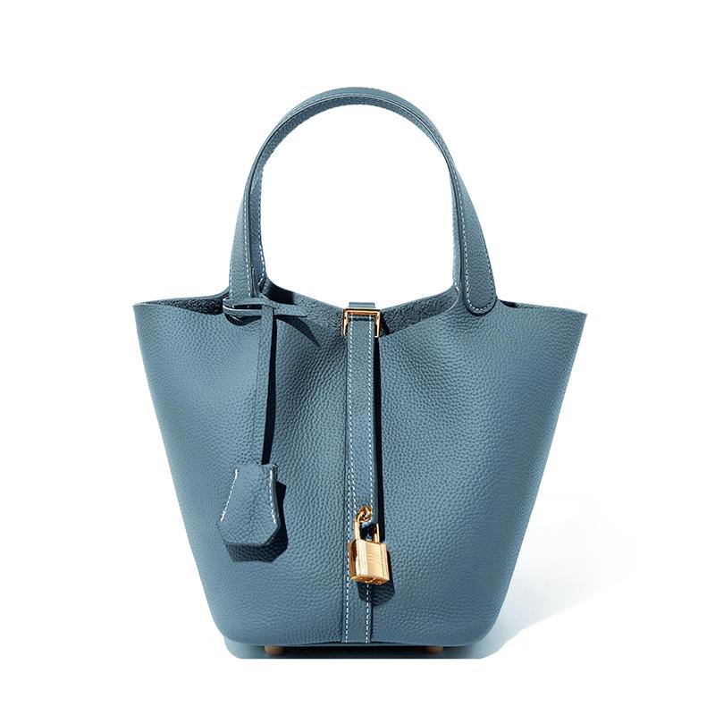 Echtleder Damen Handtaschen Kleine Bucket Korb Henkeltaschen Litschi Muster Tote Damen Schultertasche Hochzeitstaschen für Frauen blau