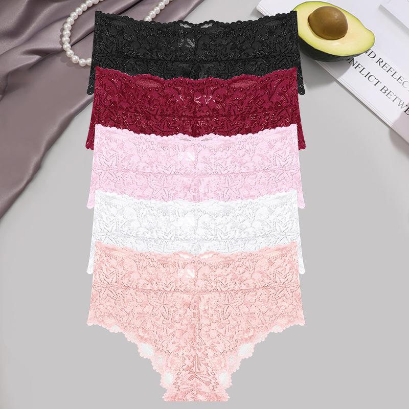 FINETOO 5 Stück/Set Sexy Blumenspitzen-Slips Damen Slips Niedrige Taille Weiche Dessous Bequeme Damenunterwäsche Mädchen Intimwäsche Slips L