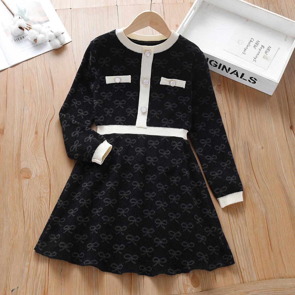 Mädchen Gestrickte Kleider 2024 Neue Pullover Kleid Kinder Mode Kleidung Mit Langen Ärmeln Casual Kleid Kinder Mädchen Prinzessin Kleid 140 schwarz