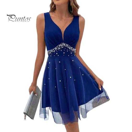 Damen-Abendkleid, V-Ausschnitt, ärmellos, Kunstperlen, A-Linie, doppellagig, Netzstoff, eng, hohe Taille, einfarbig, Ballkleid, Sommer, Party, Abschlussball, Minikleid S blau