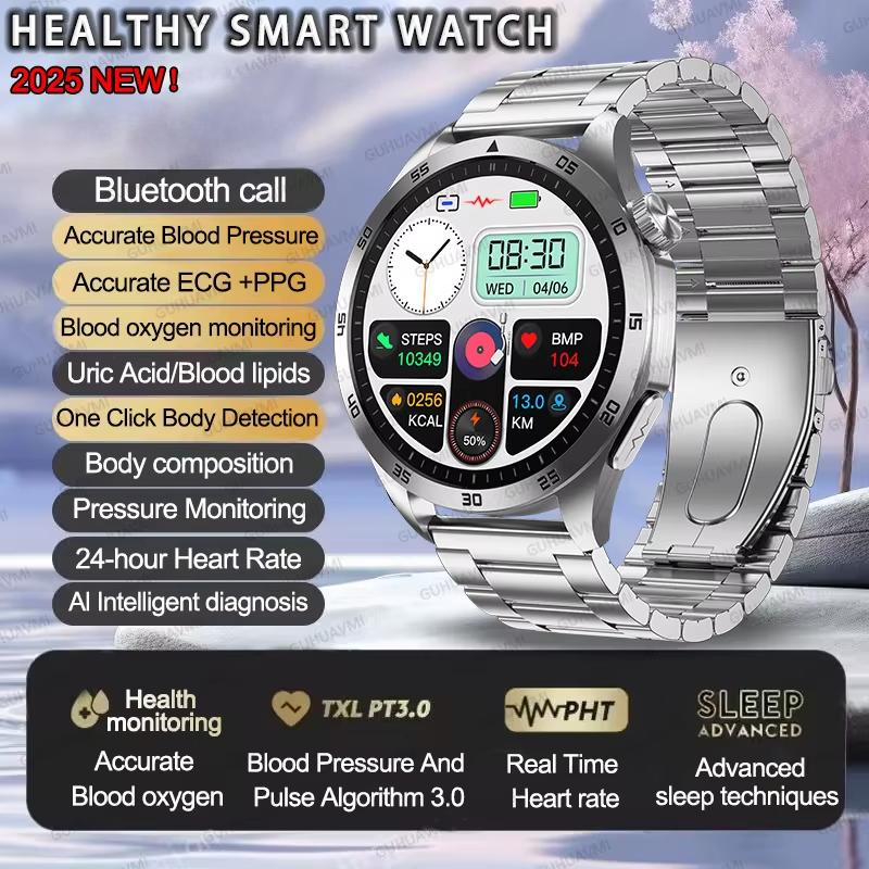 2025 Neue Mikro-Körperliche Untersuchung Blutfette Harnsäure Blutdruck Smartwatch EKG+PPG Uhr Bluetooth-Anruf Smartwatch Herren Steel silber