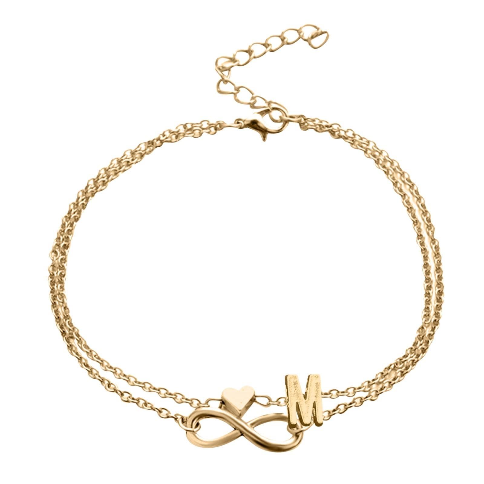 Buchstaben-Doppelfußkette, unendliche Liebeskette, Damen-Fußkette, Sommer-Geschenk, Strand-Geschenk für Mutter M gold