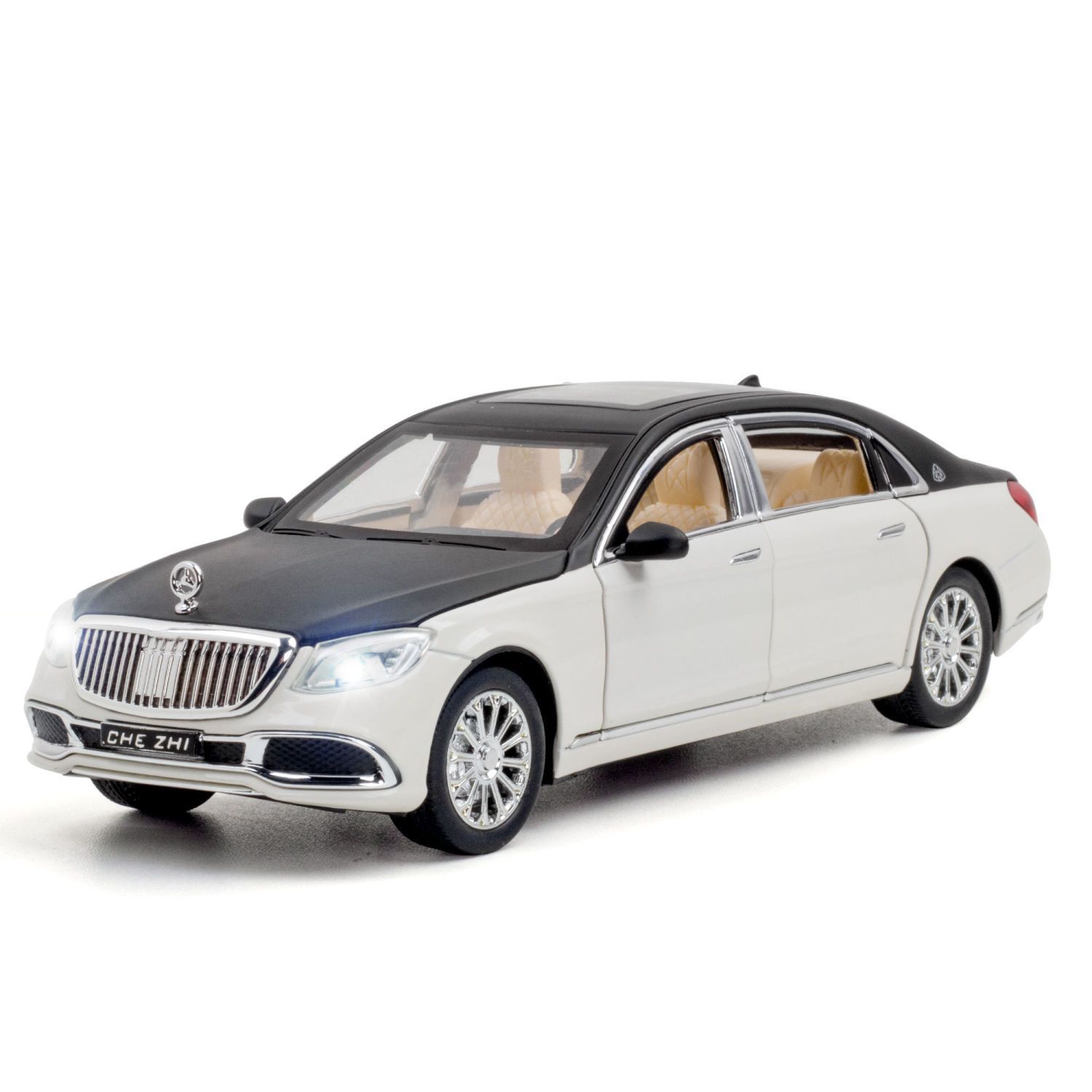 1/24 Benz Maybach S600 Automodell aus Metalllegierung, Druckguss-Spielzeugfahrzeuge aus Metall, Automodell, hochsimulierter Ton und Licht, Kinderspielzeug, Geschenk weiß