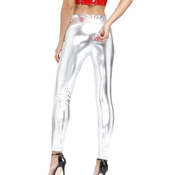 5 Farben Leder Leggings Damen Rückenreißverschluss Lederhose Strumpfhosen Sexy Lederhose One Size silber