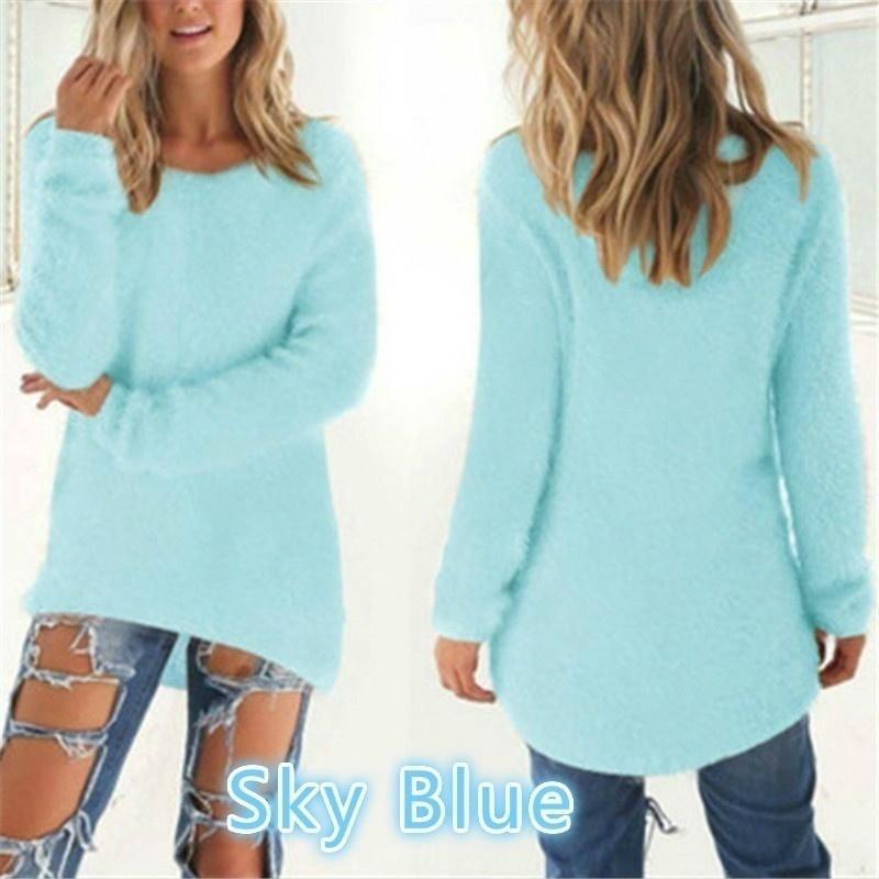 Frauen Kleidung Herbst und Winter Pullover Casual Langarm Pullover Damen Oansatz Shirts Baumwolle Pullover Lose Pullover 4XL himmelblaue