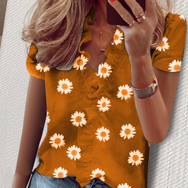 YYFS Damenmode, lässig, Sommer, Blumenmuster, bedruckt, kurzärmelig, Blusen und Hemden XXL gelb