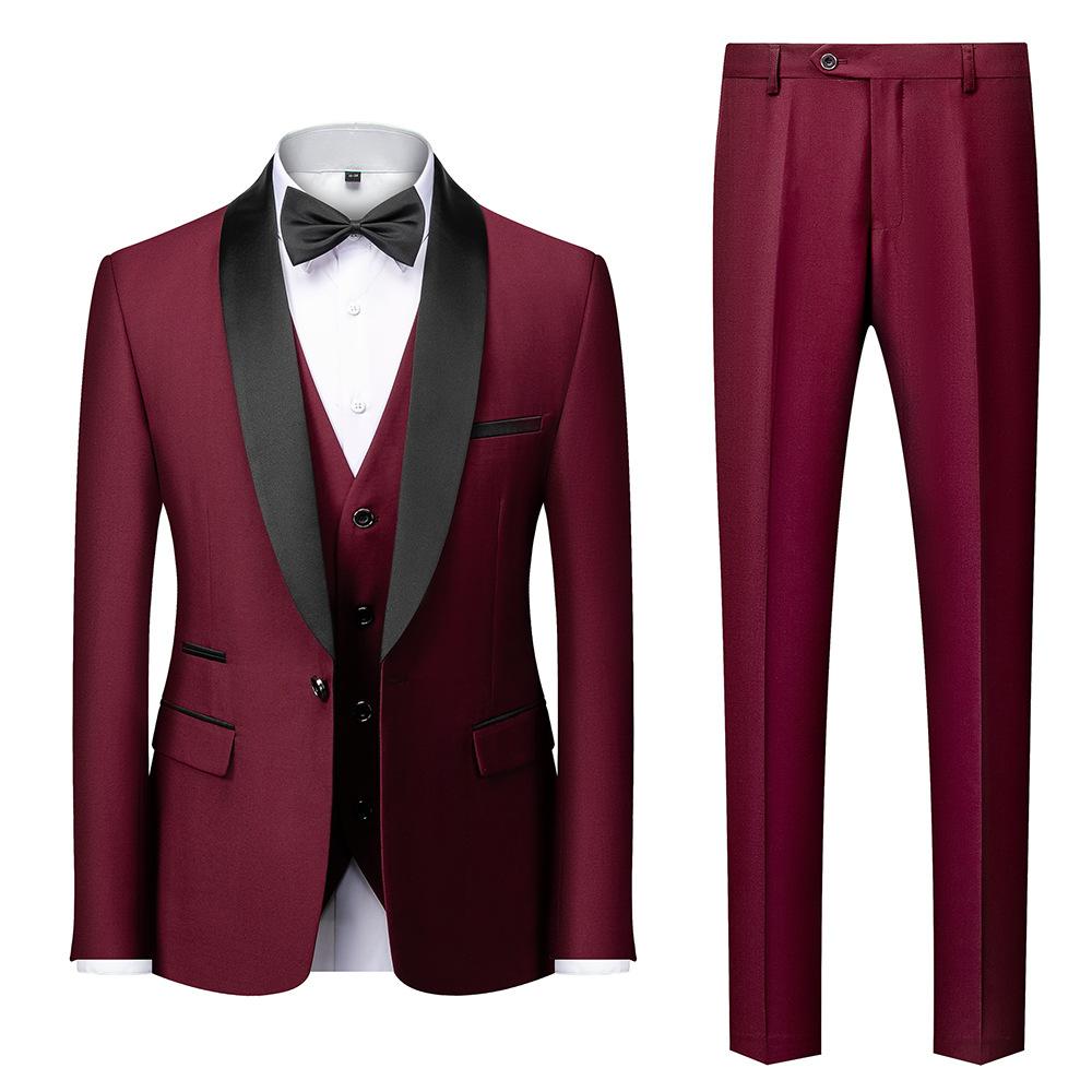 Herrenanzug mit Revers, schwarzer Kragen, 3-teilig, Mantel, Weste, Hose/Business, Trauzeugen, Bräutigam, Hochzeitskleid, Blazer, Hose M wein rot