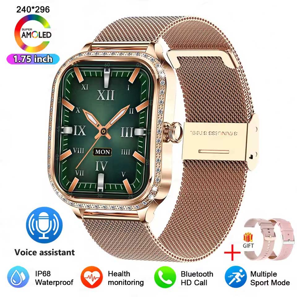 2025 Neue GPS Track Smartwatch Damen 466*466 HD Bildschirm Herzfrequenz Blutdruck BT Anruf Smartwatches Frauen Für Android IOS mesh belt gold