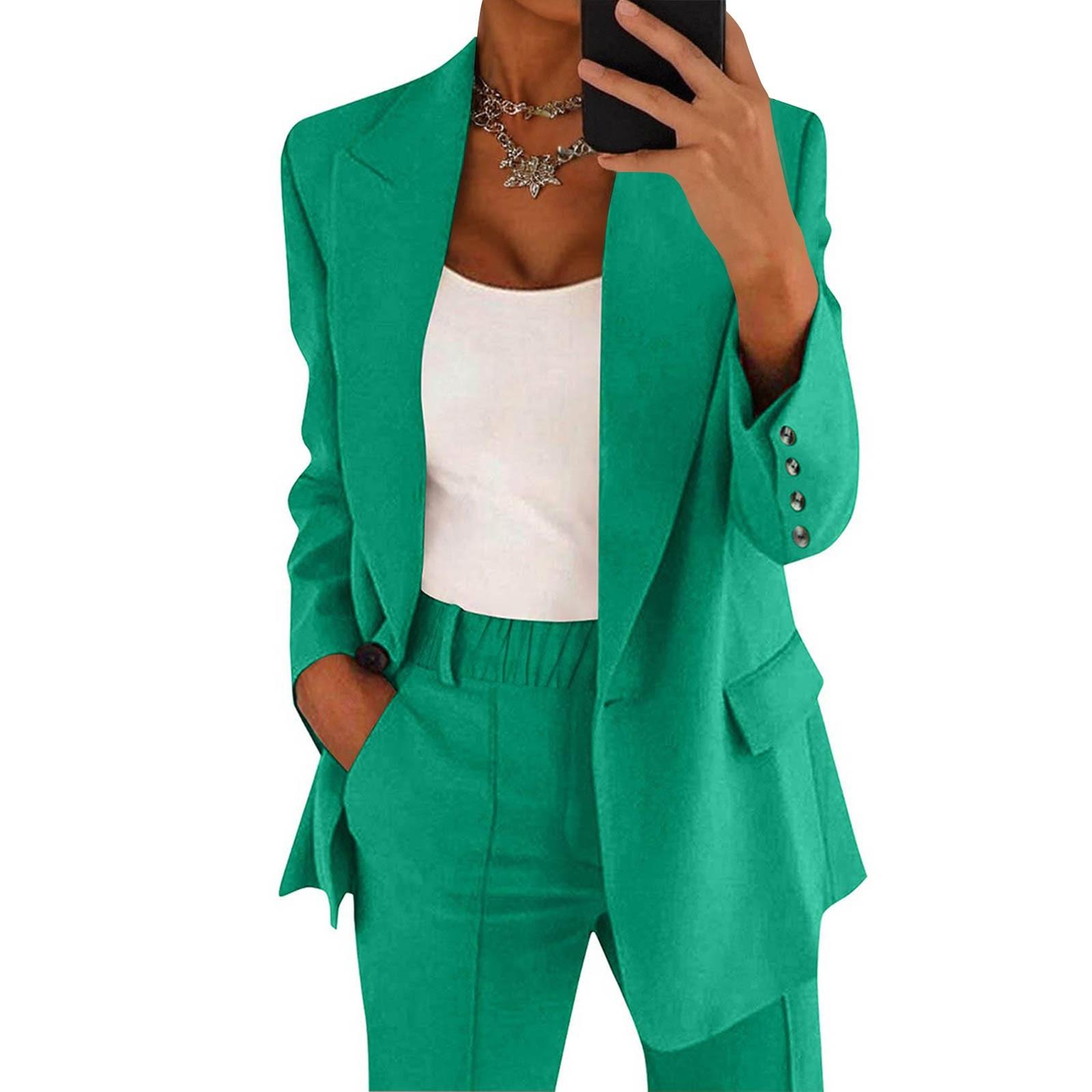 Frauen Casual Langarm Einfarbig Revers Strickjacke Anzug Jacke Hosen Anzug XXXXL grün