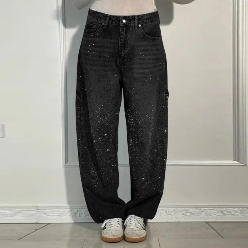 Modische Strass Damenjeans Y2K Street Super Große Glitzernde Damen Weitbein Hose Frühling Sommer Damenjeans XS schwarz