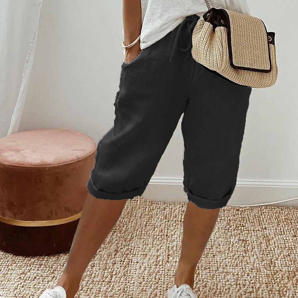 Damen-Shorts im Vintage-Stil, knielange Hose mit Taschen für Damen, atmungsaktive Hose mit elastischer Taille, einfarbig, fünf Hosen L schwarz