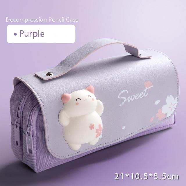 Süße Katze Dekompression Federmäppchen Große Bleistiftbox Tragbare Mädchen Stifttasche Doppelschicht Schultasche Kawaii Briefpapier Pensil Case C violett