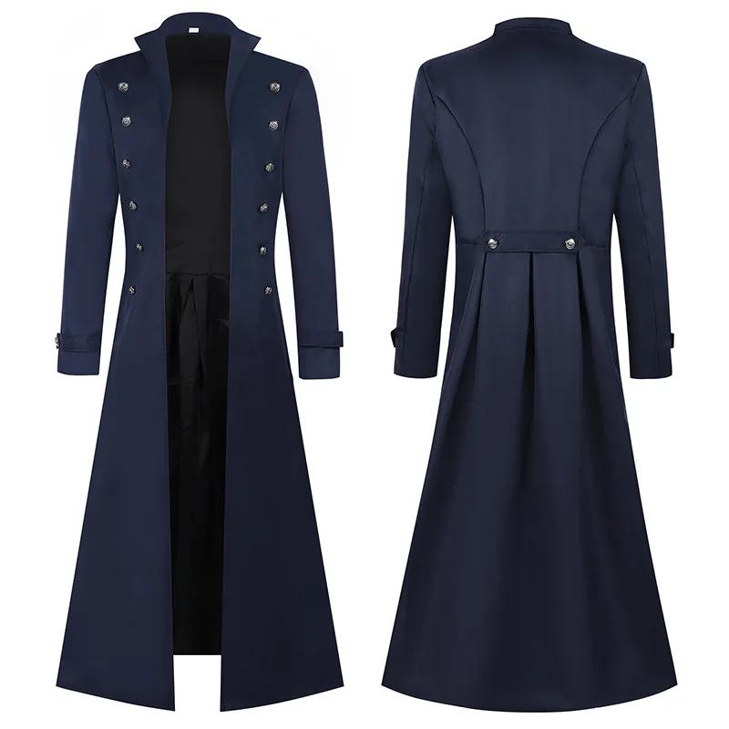 XS-5XL Übergröße Herren Gothic Trench Mittelalterlicher Steampunk Retro-Stil Lange Jacken Zweireihig Einfarbig Herren Vintage Lange Jacken XXXL blau