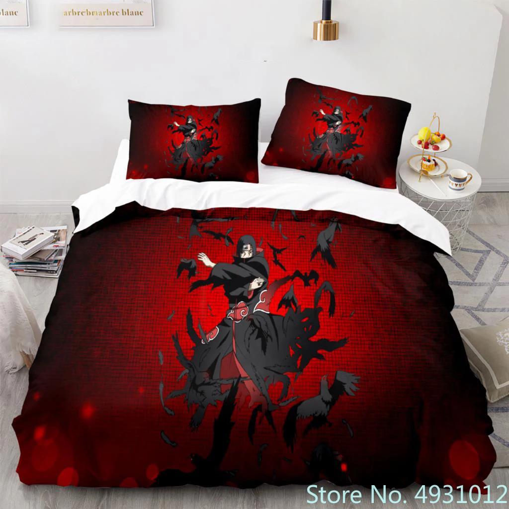 Anime Uchiha N-Naruto Uzumaki Rote Wolke Bettwäsche-Sets Haushaltsdecke Bettbezug Itachi Heimtextilien Bettanzug Kinder Kinder Geschenk US Twin(172*218cm)3pcs