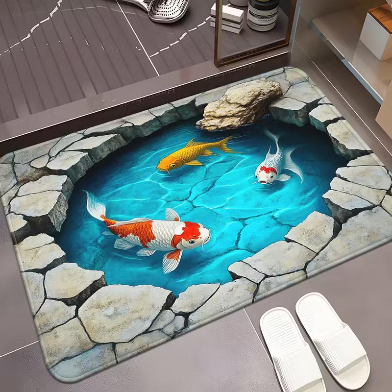 3D-Druck Koi Fisch Badematte, Flanellmaterial, Geeignet für Badezimmer, Schlafzimmer, Wohnzimmereingang, Badematte Strapazierfähige Fußmatte 50*80cm blau