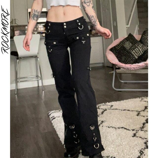 Rockmore Gothic Skinny Low Waist Jeans Frau Punk Cargohose Rivet Dark Academic Black Denim Hose Capri Mode Streetwear S schwarz