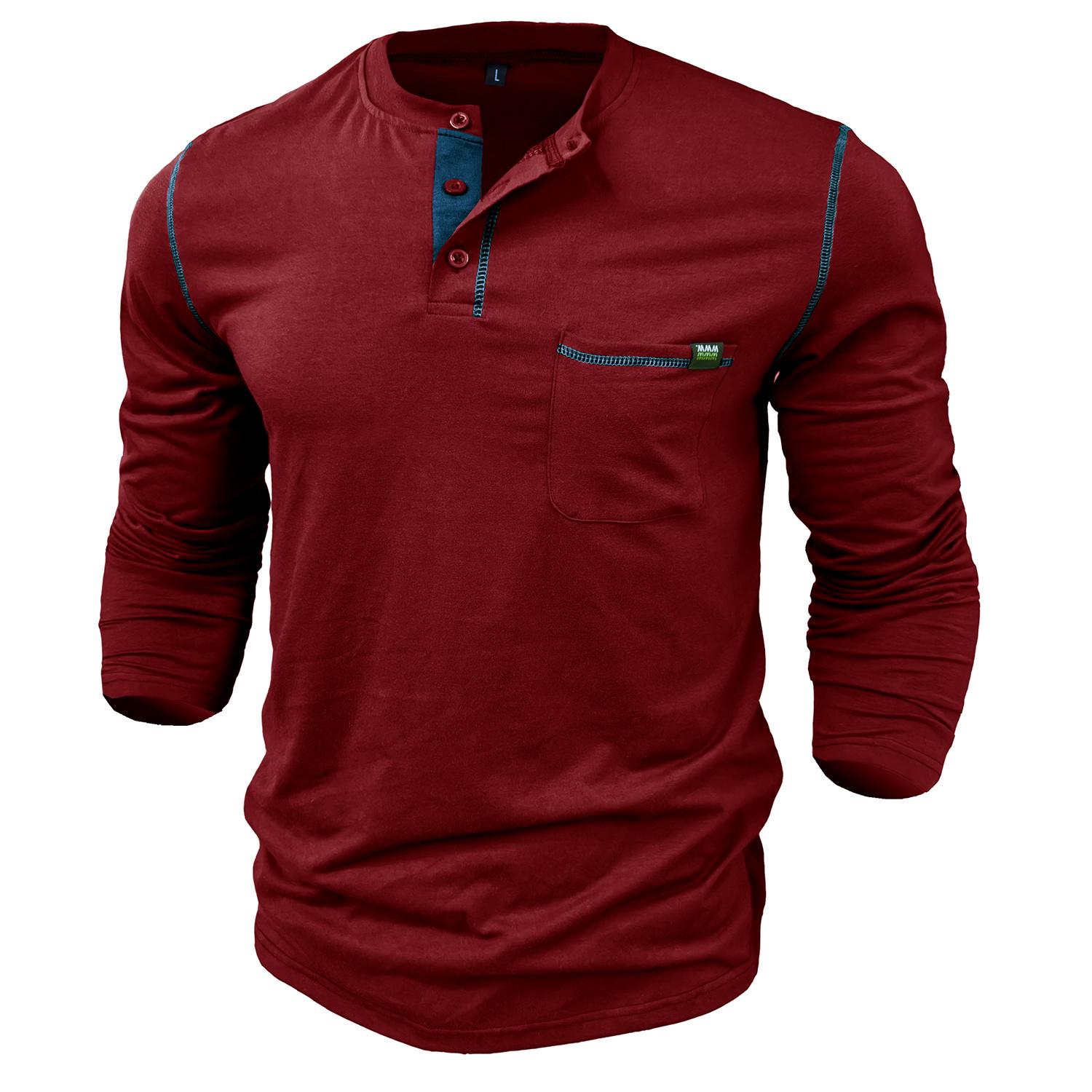 Henley-Hemden für Herren mit langen Ärmeln, Baumwollpullover, farblich passendes gestricktes T-Shirt, Knöpfe, Rundhalsausschnitt, Brusttaschen-Oberteile, stilvolle Alltags-Freizeit-Herrenmode S bordeaux