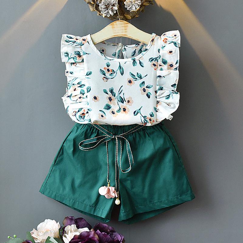 Mädchenkleidung Rüschen Ärmelloses T-Shirt + Shorts 2-teiliges Set Babykleidung Chiffon Blumenmuster Kleinkind Outfits Kinder 100 grün