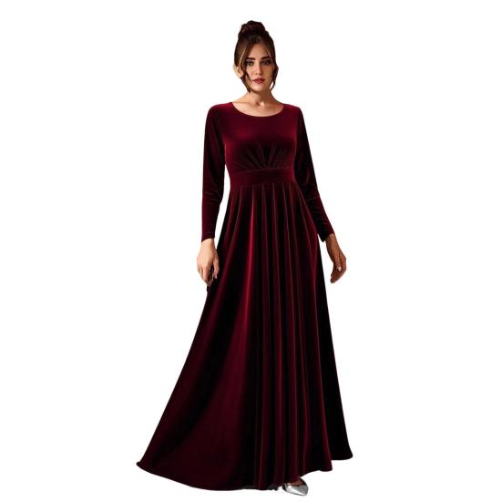 Damen Samt Maxi Kleid Lässig Rundhals Langarm A-Linien Swing Kleid Herbst Cocktailparty Formelles Kleid für Hochzeitsgast L wein rot