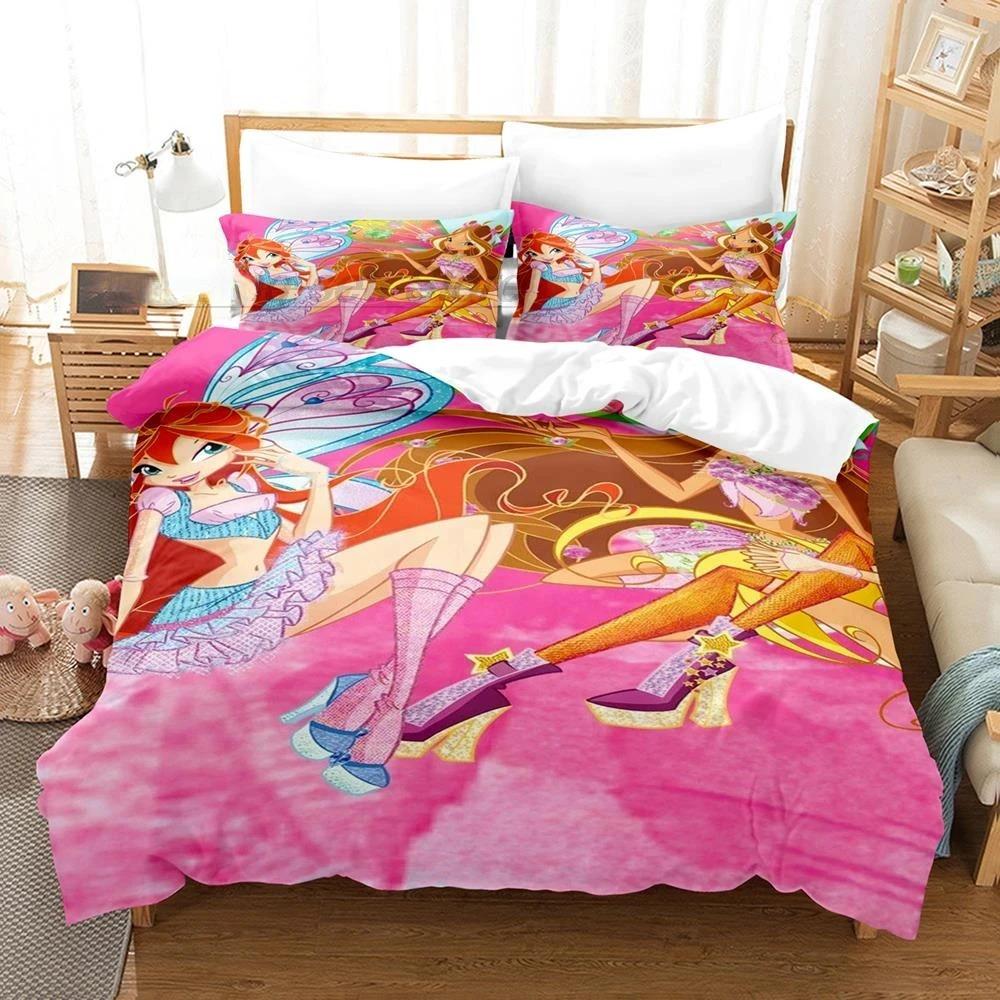 Winx Bettwäsche-Set, Einzelbett, Doppelbett, Queen-Size-Bett, King-Size-Bett, Bettbezug-Set für Erwachsene und Mädchen, Schlafzimmer, 3D-Druck, Anime, Kawaii AU King 240x210cm