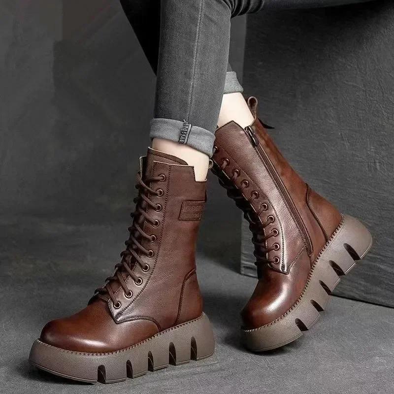 Mode Winter Leder Damenstiefel Runde Zehenpartie Mittelhoher Absatz Stiefeletten für Damen Schnürstiefel Warm Schneestiefel Retro Damen Plateau Bikerstiefel Damen 40 dunkelbraune