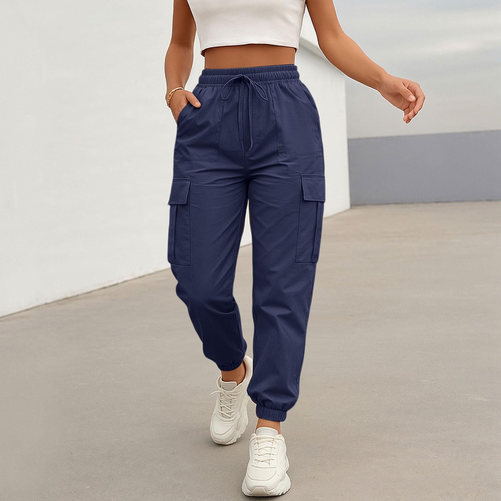 Damen Casual Cargo Hose Einfarbig Jogger mit Kordelzug in der Taille, Elastischer Bund, Mehrere Taschen Hose L dunkelblau