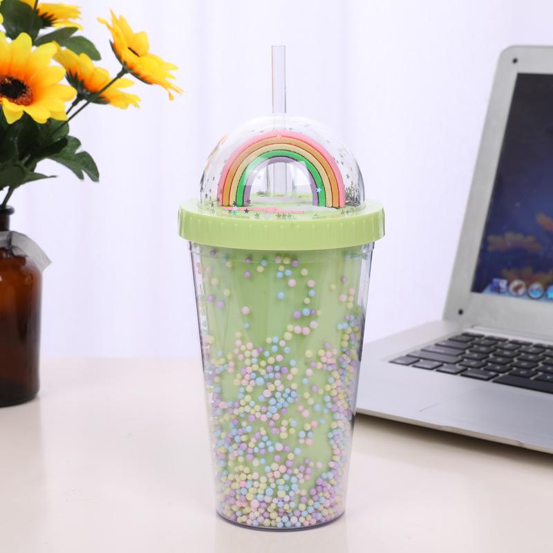 Kreative Regenbogen Kunststoff Wasser Tasse Modische Große-kapazität Damen Stroh Tasse Sen Serie Doppel Farbe Perle Glatte Trinken Tasse