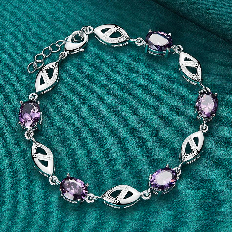925 Sterling Silber Lila Zirkon Armband für Damen Modeschmuck 20cm