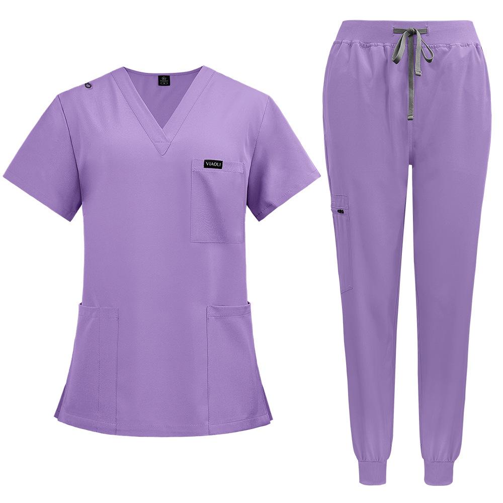 Damen Scrubs Set Joggerhose Henley Zweiteiliges Oberteil und Hose V-Ausschnitt Stretchig Krankenschwester Arbeitsuniform mit Tasche XXL licht lila